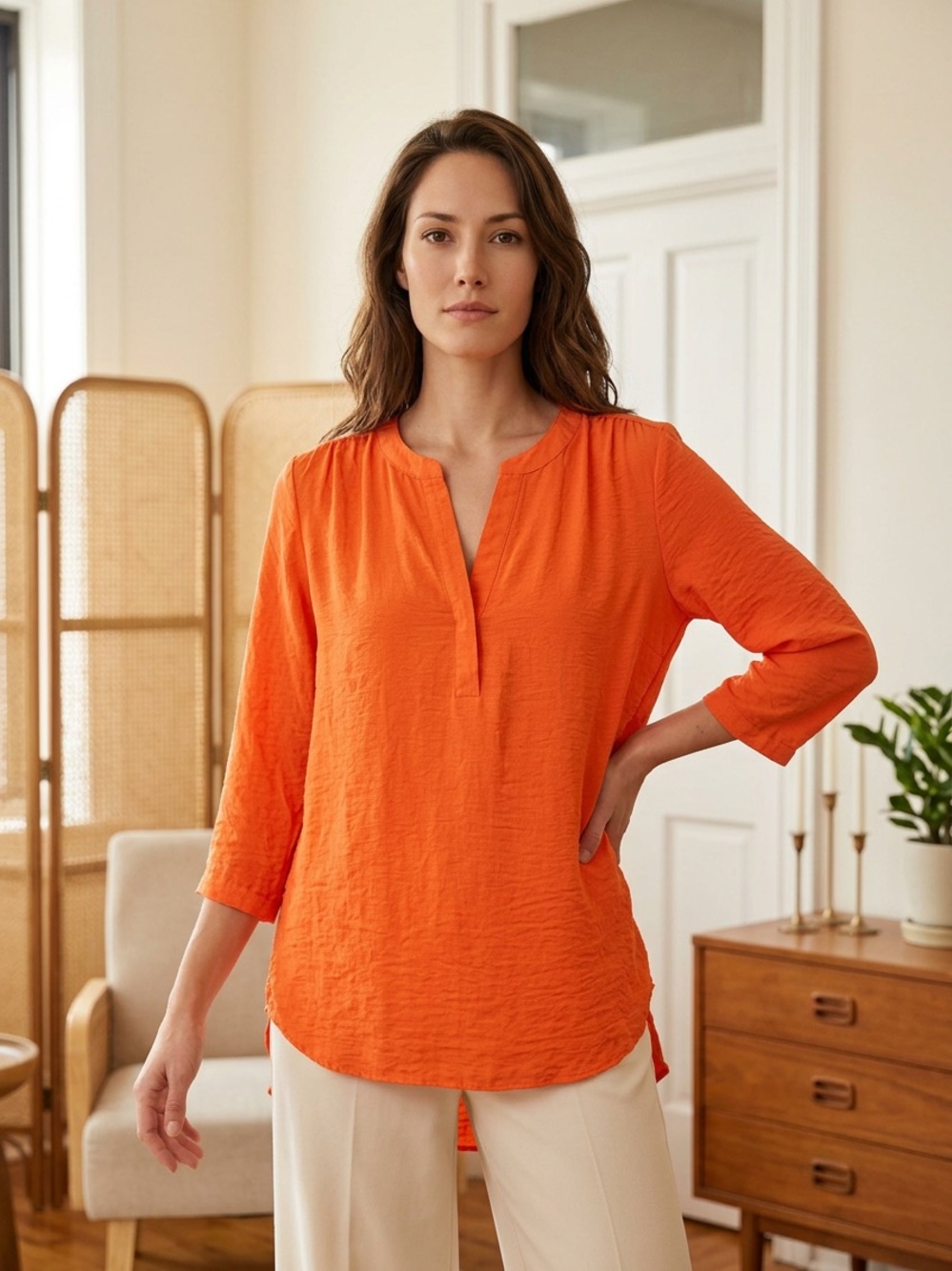 a.n.a Orange Split-Neck Textured Tunic